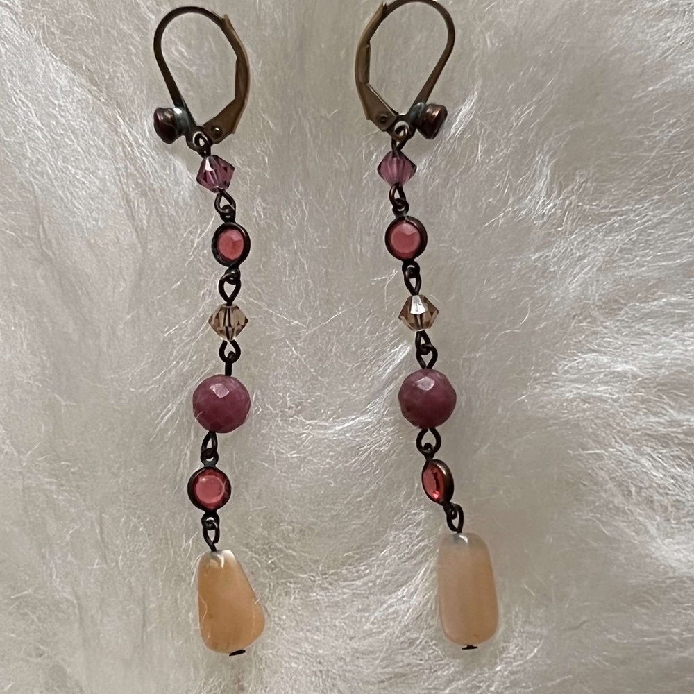 Purple, Pink & Cream Beaded Dangle Earrings